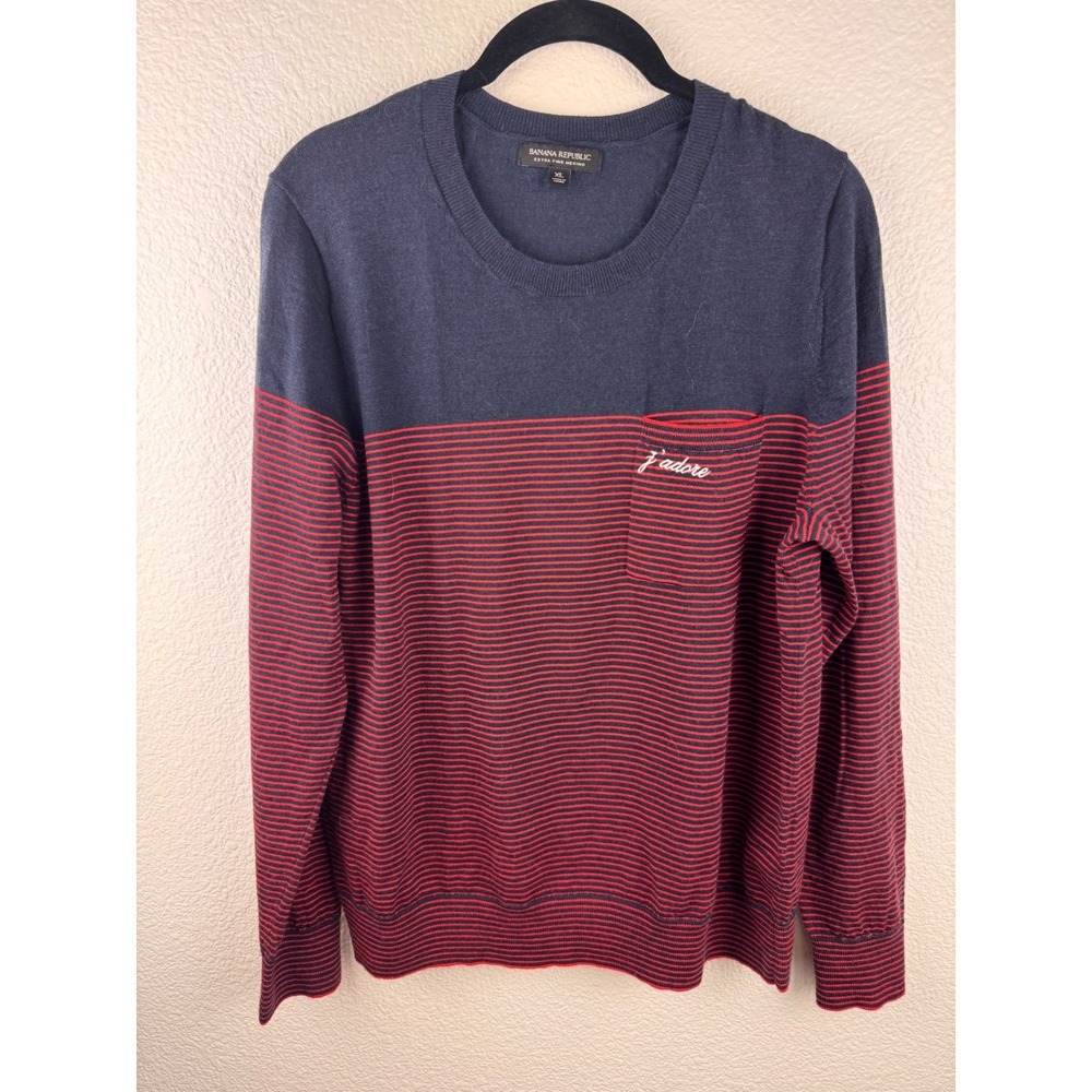 Banana Republic Extra Fine Merino Wool Crew Neck Sweater Stripe‎ Pocket XL Paris
